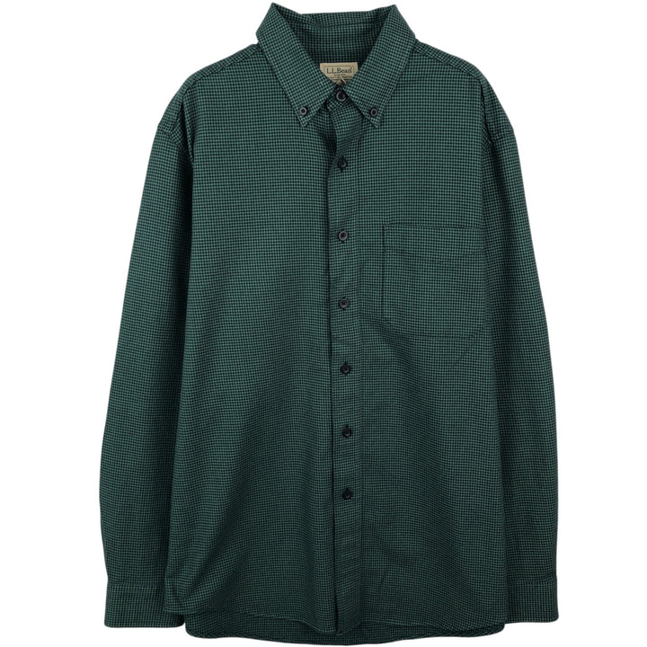 90s-00'S L.L.Bean Traditional Fit Houndstooth Pattern Long-Sleeve Button-Down Light Flannel Shirt, Men's Size M (Equivalent), Vintage cotton green type Vintage Second Hand