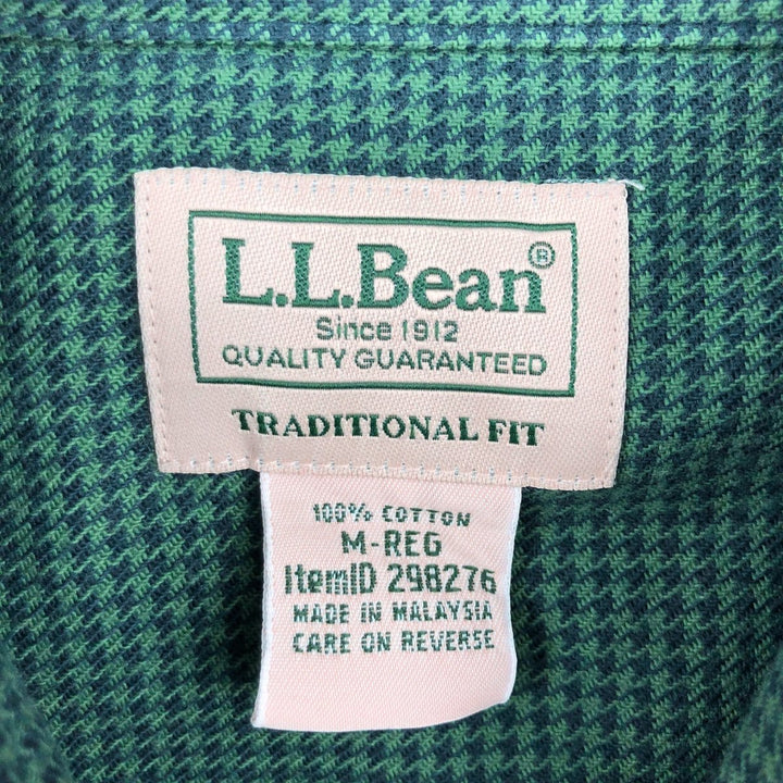 90s-00'S L.L.Bean Traditional Fit Houndstooth Pattern Long-Sleeve Button-Down Light Flannel Shirt, Men's Size M (Equivalent), Vintage cotton green type Vintage Second Hand
