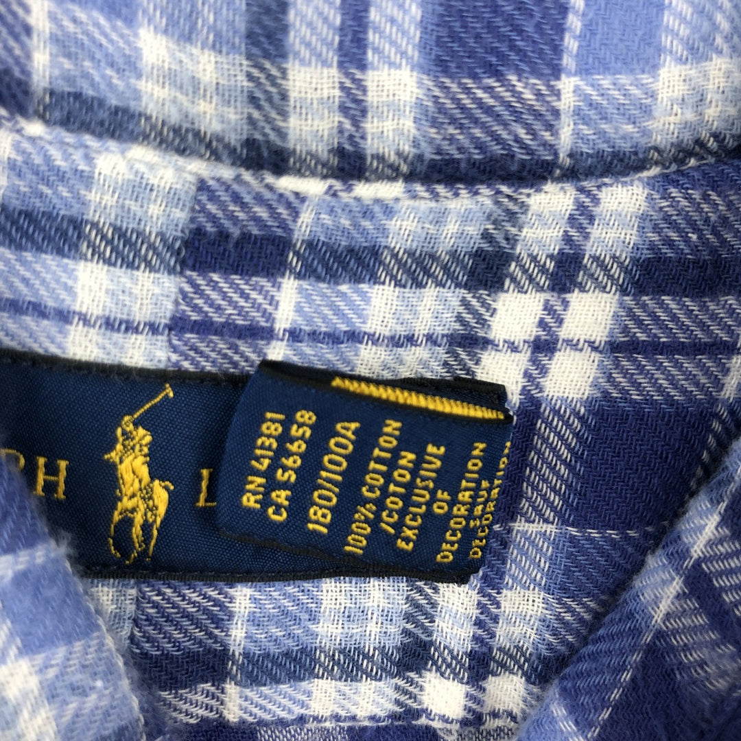 Ralph Lauren long-sleeved button-down light flannel check shirt, men's size L cotton blue type Vintage Second Hand