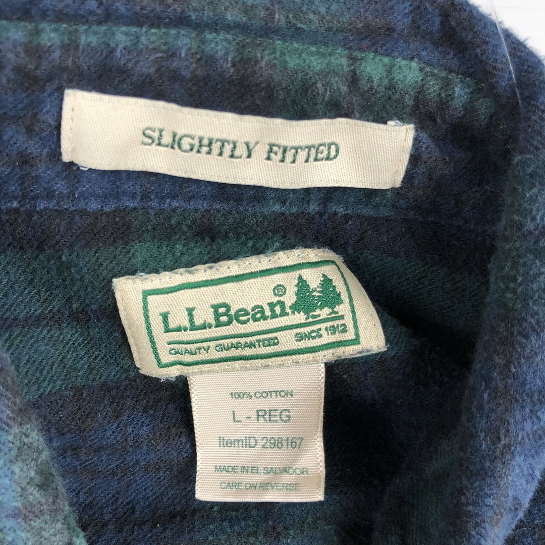 LLBean Blackwatch Check Long Sleeve Button-Down Flannel Check Shirt, Men's Size L cotton green type Vintage Second Hand
