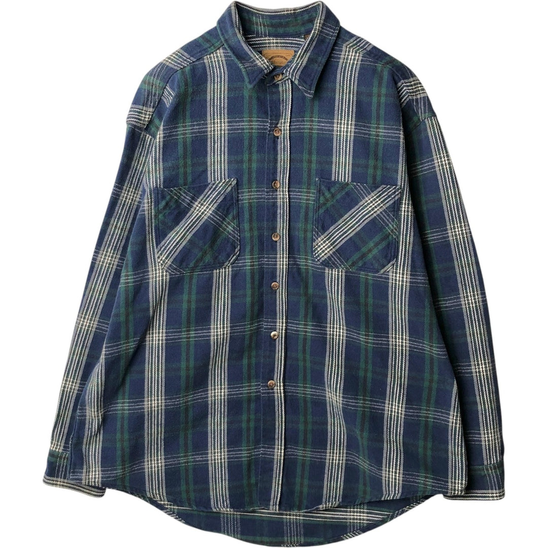 90s-00'S St. John's Bay Long-Sleeve Heavy Flannel Check Shirt, Made in USA, Men's Size XL (approx.) cotton navy blue type Vintage Second Hand