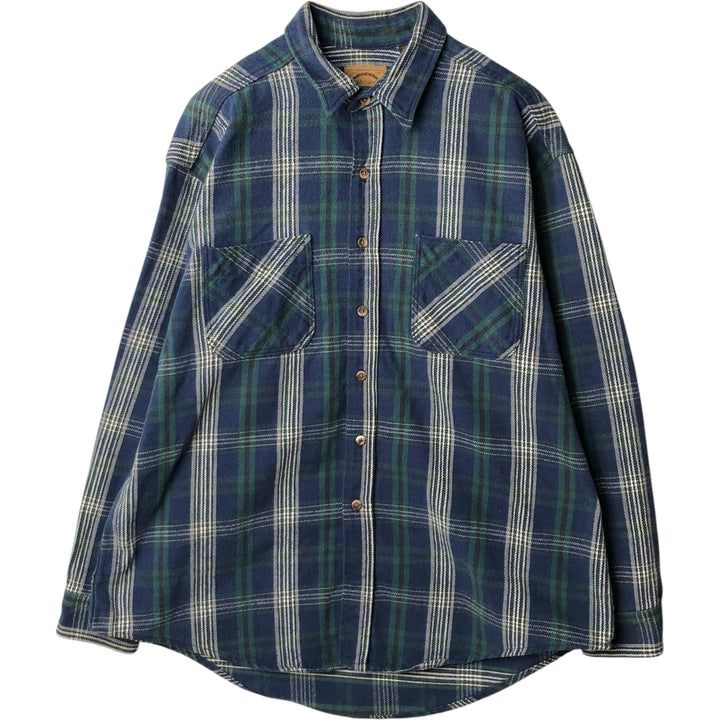 90s-00'S St. John's Bay Long-Sleeve Heavy Flannel Check Shirt, Made in USA, Men's Size XL (approx.) cotton navy blue type Vintage Second Hand