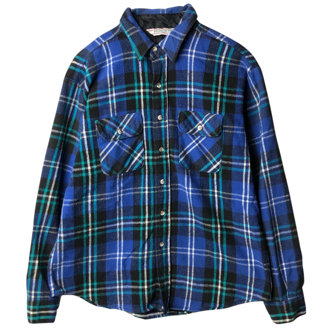 90'S FIELD and STREAM Long-Sleeve Flannel Check Shirt, Men's Size XL (Equivalent), Vintage unclear blue type Vintage Second Hand