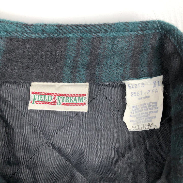 90'S Field & Stream Padded Long-Sleeve Heavy Flannel Check Shirt, Made in USA, Men's XL Equivalent, Vintage cotton green type Vintage Second Hand