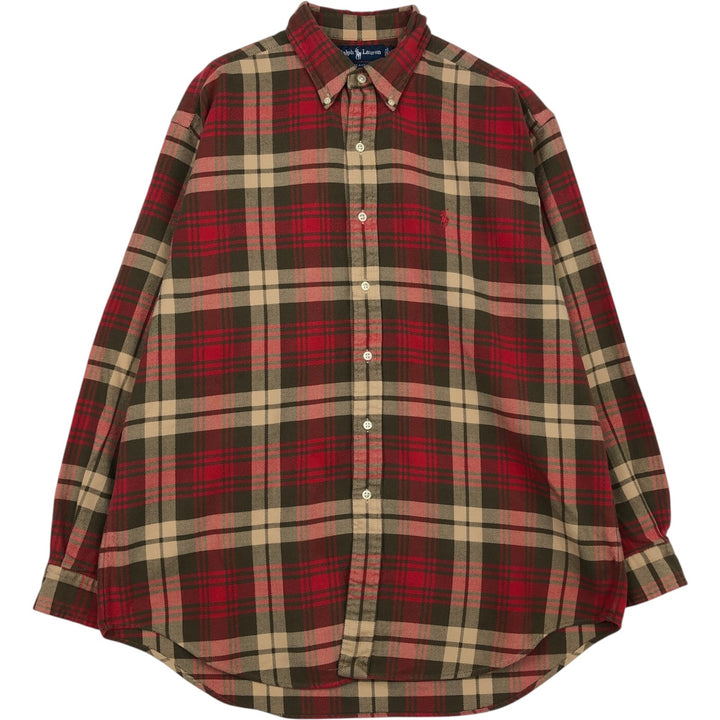 Ralph Lauren BLAKE long sleeve button down light flannel check shirt, men's size L cotton red type Vintage Second Hand