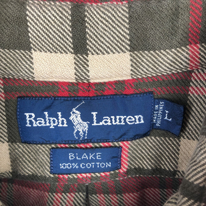 Ralph Lauren BLAKE long sleeve button down light flannel check shirt, men's size L cotton red type Vintage Second Hand