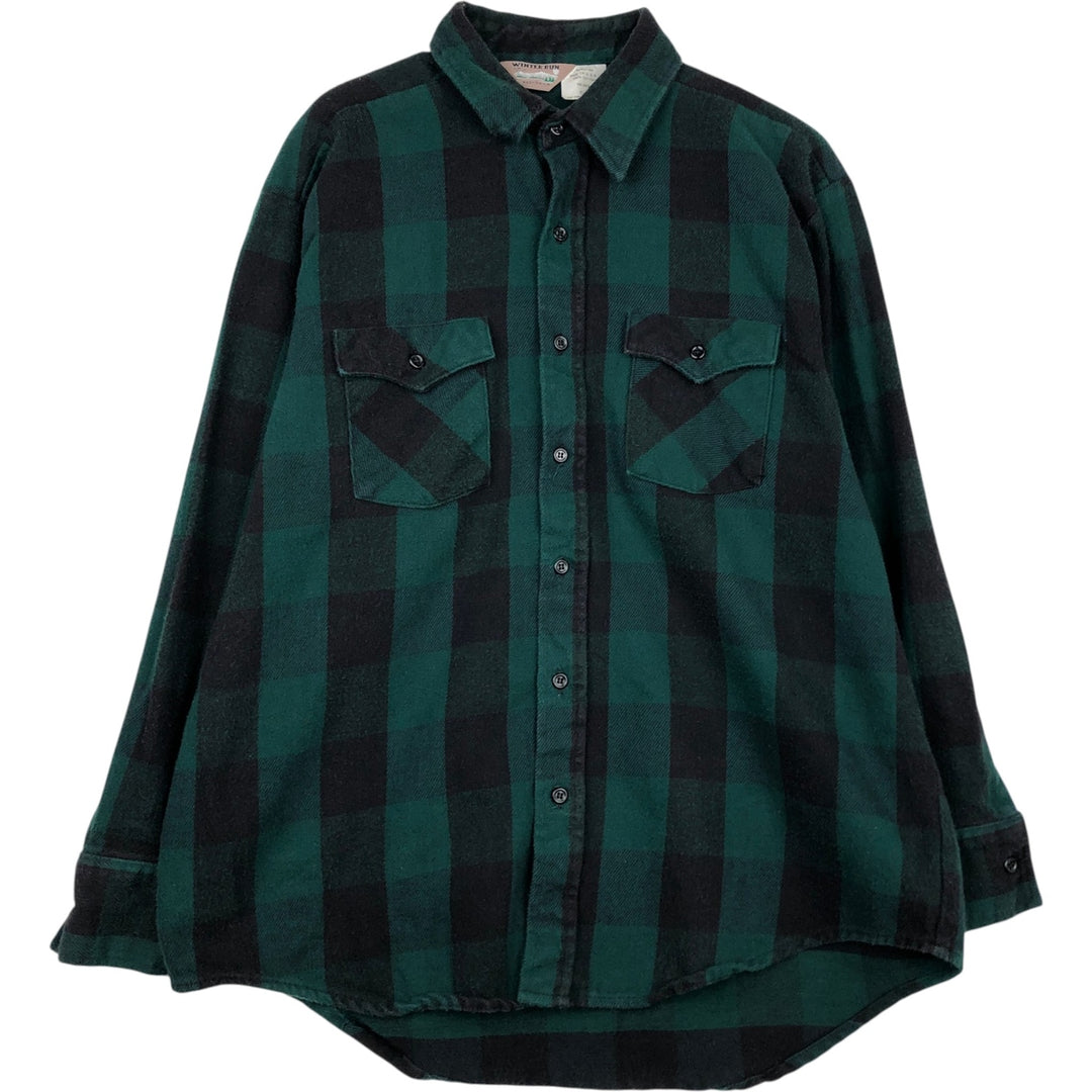 80s-90'S WINTER RUN Buffalo Check Long-Sleeve Flannel Check Shirt, Made in USA, Men's XL Equivalent, Vintage cotton green type Vintage Second Hand
