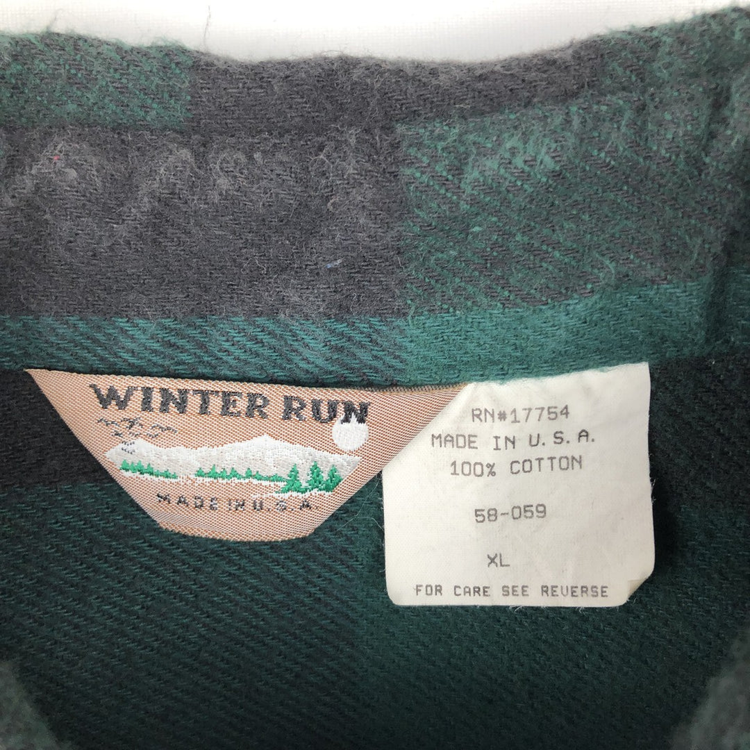 80s-90'S WINTER RUN Buffalo Check Long-Sleeve Flannel Check Shirt, Made in USA, Men's XL Equivalent, Vintage cotton green type Vintage Second Hand