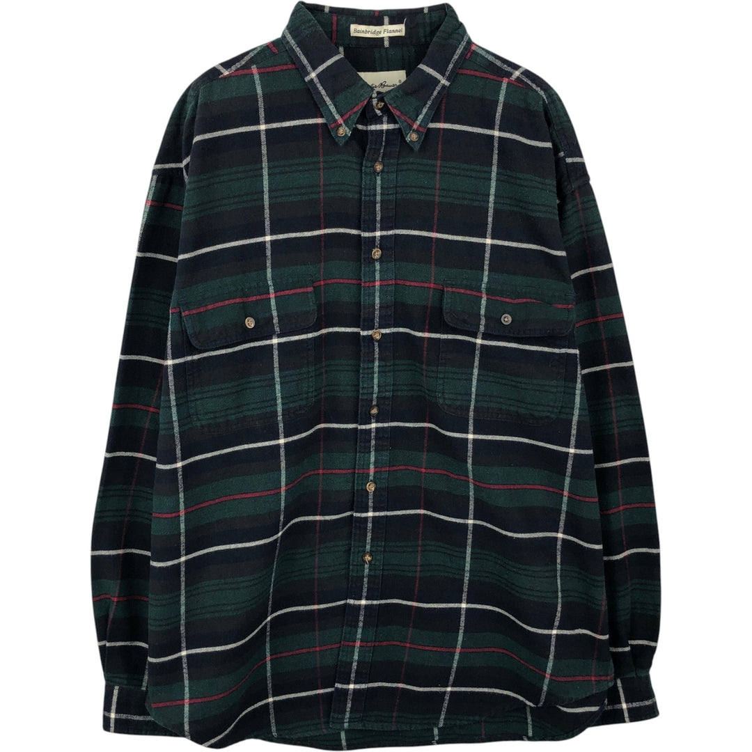 1990'S Eddie Bauer Bainbridge Flannel Long-Sleeve Button-Down Flannel Check Shirt, Men's Size XL (Equivalent), Vintage cotton green type Vintage Second Hand