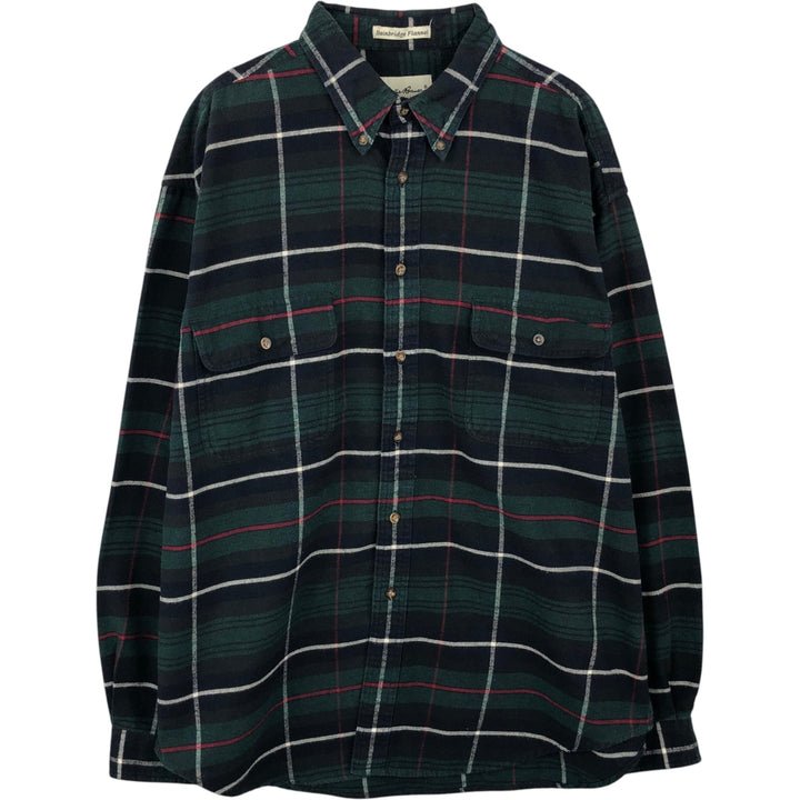 1990'S Eddie Bauer Bainbridge Flannel Long-Sleeve Button-Down Flannel Check Shirt, Men's Size XL (Equivalent), Vintage cotton green type Vintage Second Hand