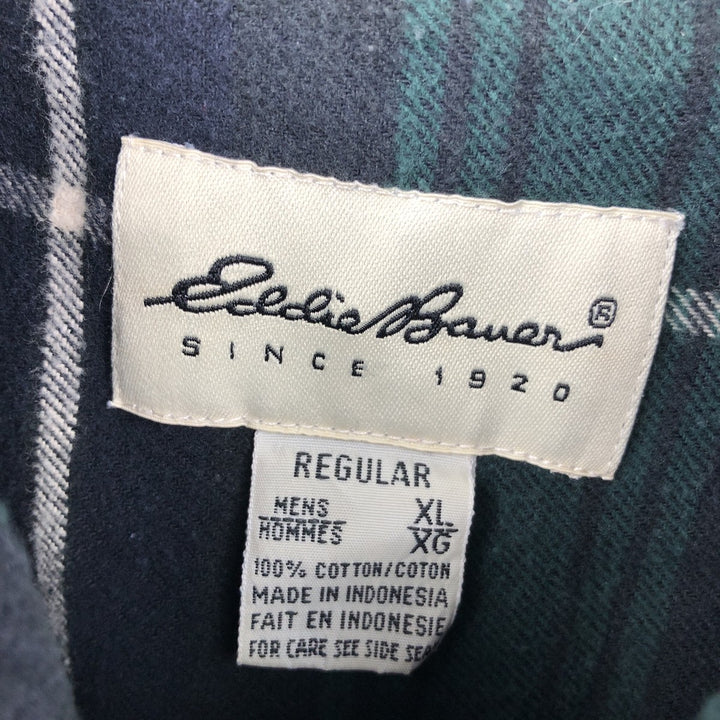 1990'S Eddie Bauer Bainbridge Flannel Long-Sleeve Button-Down Flannel Check Shirt, Men's Size XL (Equivalent), Vintage cotton green type Vintage Second Hand