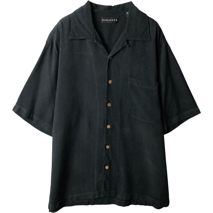 BARACUTA Short-Sleeve Open-Collar Silk Shirt, Boxy Fit, Men's Size M (approx.) silk black type Vintage Second Hand