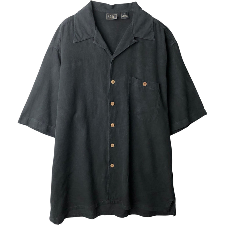 WF Short-Sleeve Open-Collar Silk Shirt, Boxy Shirt, Men's Size L (approx.) silk black type Vintage Second Hand