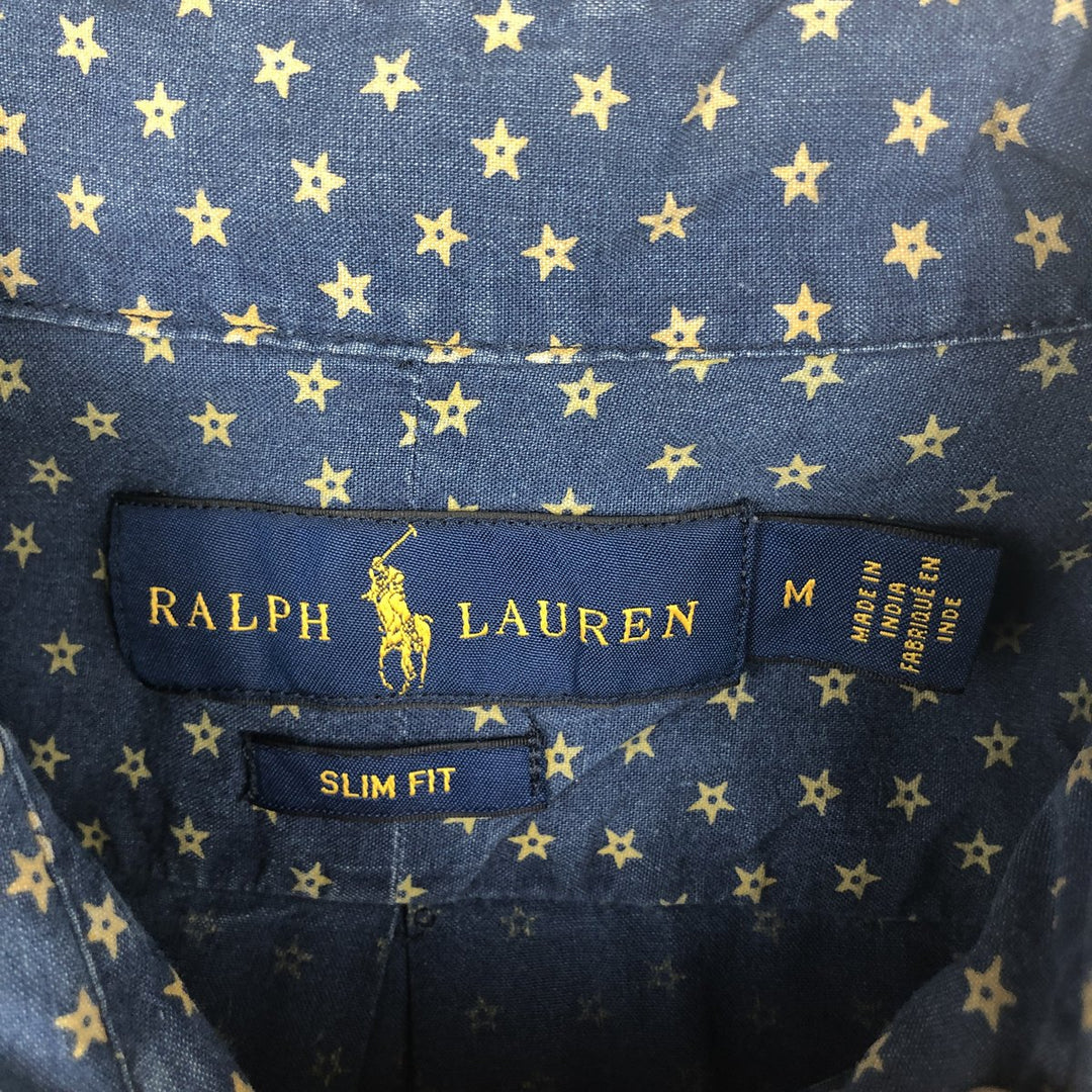 Ralph Lauren Slim Fit Star Pattern Short-Sleeve Button-Down Shirt, Men's Size M (approx.) cotton navy blue type Vintage Second Hand