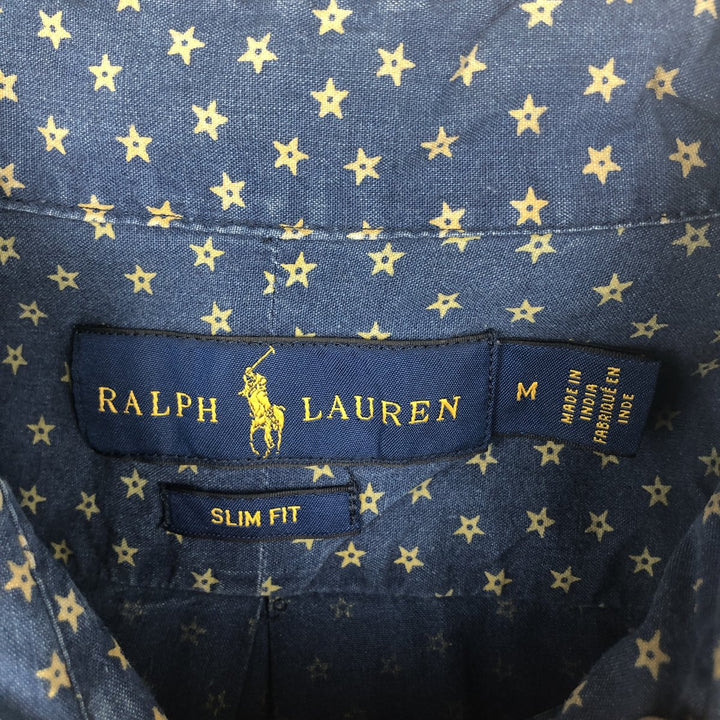 Ralph Lauren Slim Fit Star Pattern Short-Sleeve Button-Down Shirt, Men's Size M (approx.) cotton navy blue type Vintage Second Hand