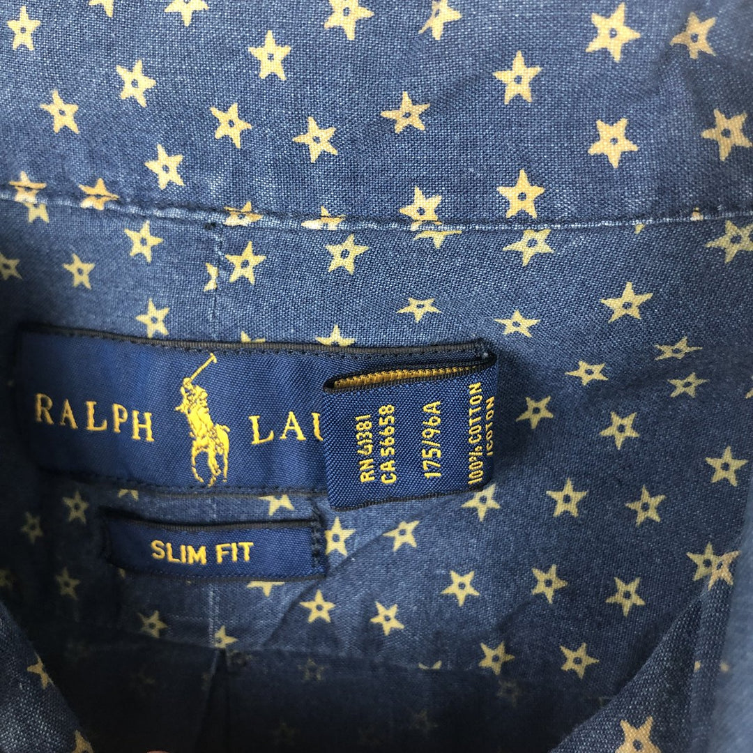 Ralph Lauren Slim Fit Star Pattern Short-Sleeve Button-Down Shirt, Men's Size M (approx.) cotton navy blue type Vintage Second Hand