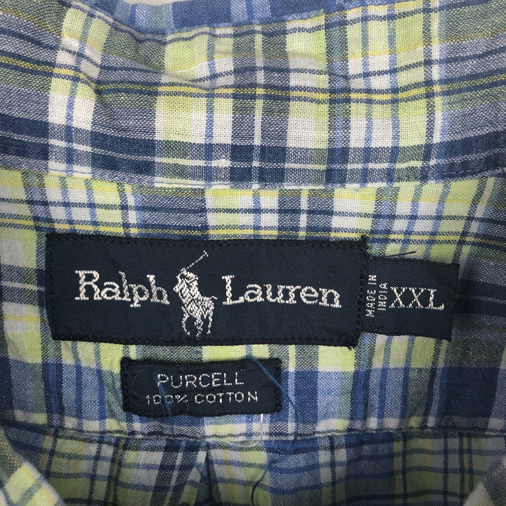 Ralph Lauren PURCELL Madras Check Short-Sleeve Button-Down Check Shirt, Men's Size XXL (approx.) cotton blue type Vintage Second Hand