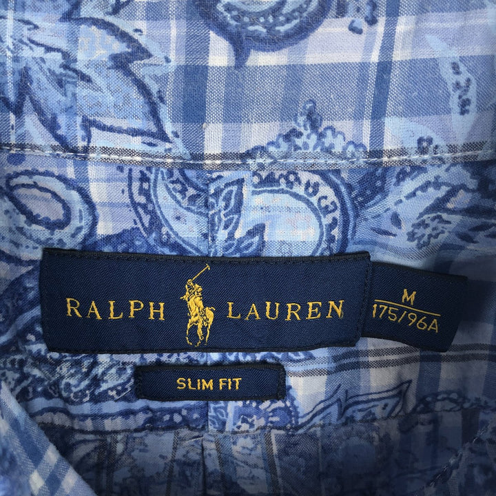 Ralph Lauren SLIM FIT Check Pattern Paisley Pattern Short Sleeve Button-Down Shirt Men's Size M (approx.) unclear blue type Vintage Second Hand
