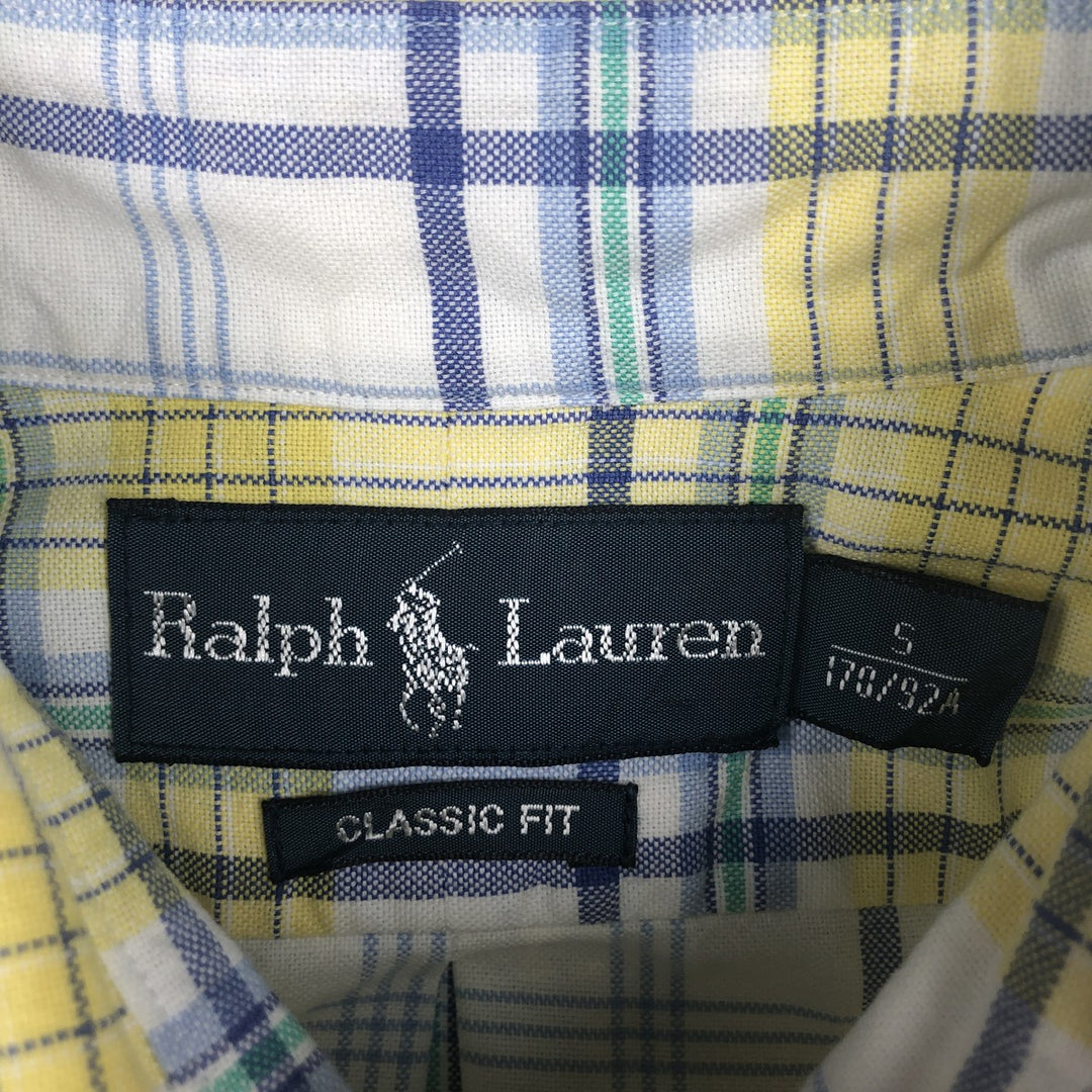Ralph Lauren CLASSIC FIT Madras check short-sleeved button-down check shirt, men's size S (approx.) unclear yellow type Vintage Second Hand
