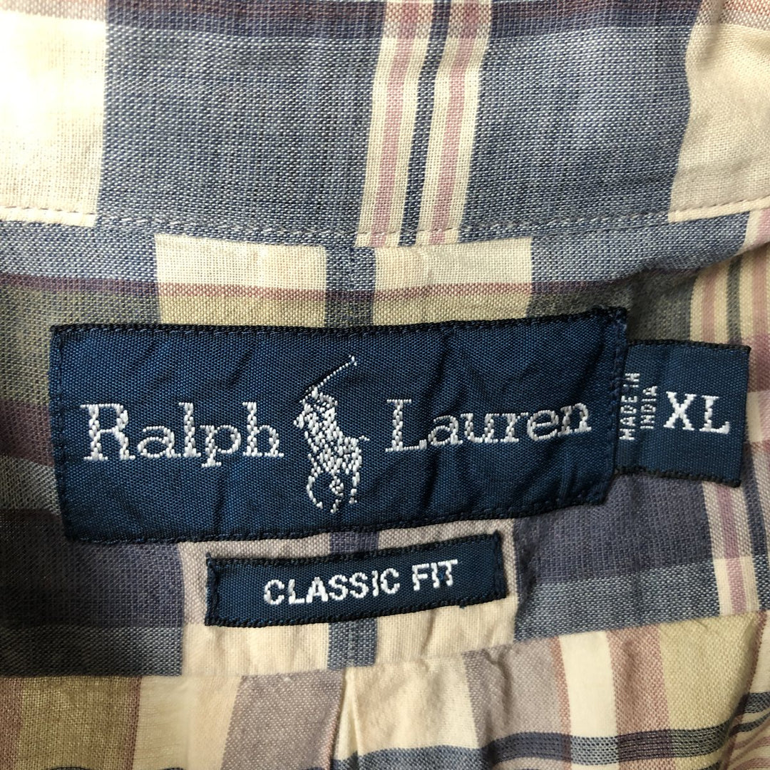Ralph Lauren POLO RALPH LAUREN CLASSIC FIT Short-Sleeve Button-Down Check Shirt, Men's Size XL (approx.) cotton Beige type Vintage Second Hand