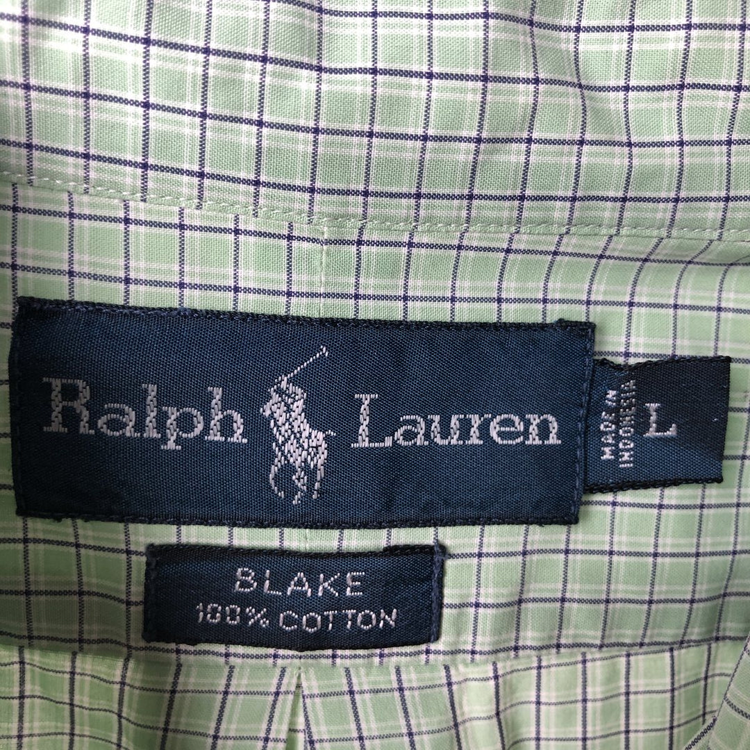 Ralph Lauren BLAKE short sleeve button down check shirt, men's size L cotton Mint green Vintage Second Hand