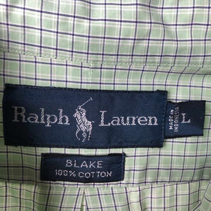 Ralph Lauren BLAKE short sleeve button down check shirt, men's size L cotton Mint green Vintage Second Hand