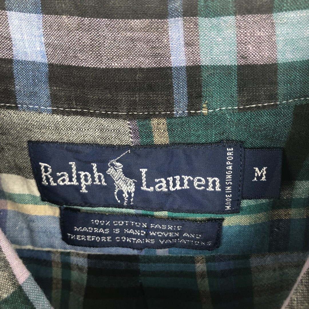 Ralph Lauren short sleeve button down check shirt, men's size M cotton green type Vintage Second Hand