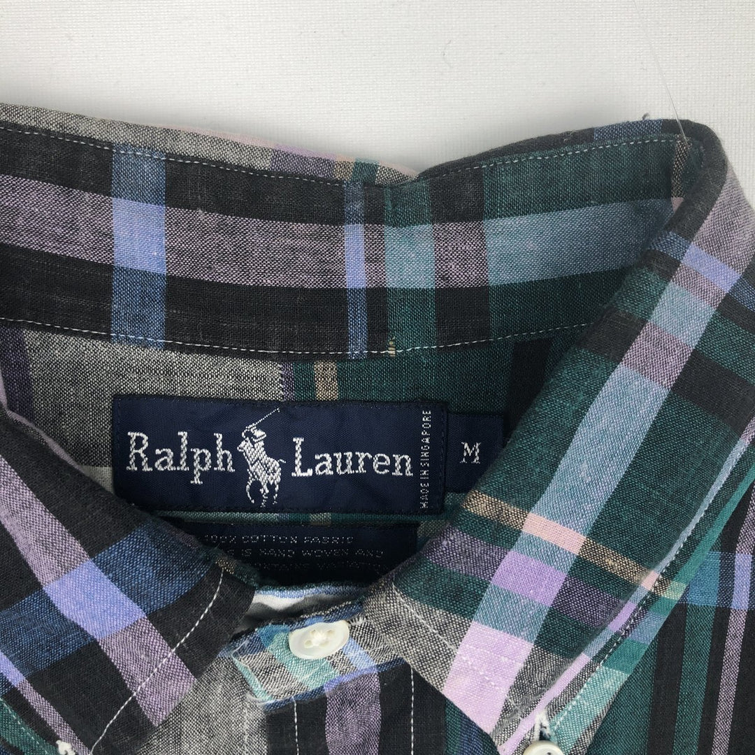 Ralph Lauren short sleeve button down check shirt, men's size M cotton green type Vintage Second Hand