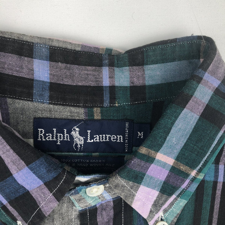 Ralph Lauren short sleeve button down check shirt, men's size M cotton green type Vintage Second Hand