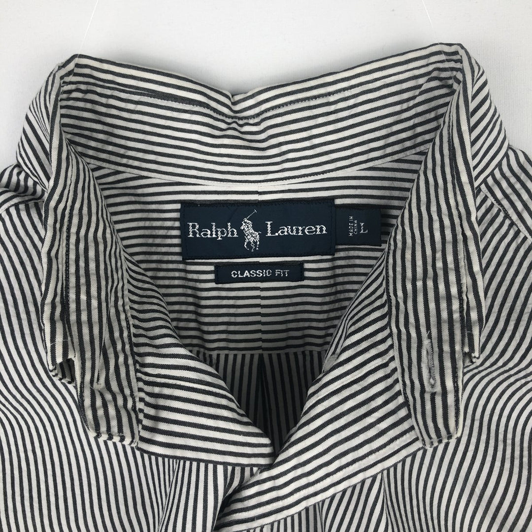 Ralph Lauren Classic Fit short sleeve button down striped shirt, men's size L cotton gray type Vintage Second Hand