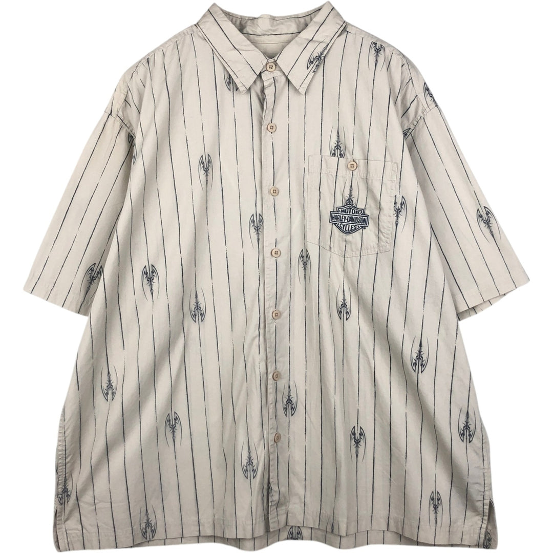 Harley-Davidson Stripe Pattern Short-Sleeve Work Shirt, Boxy Shirt, Men's Size XXL (approx.) cotton unbleached Vintage Second Hand