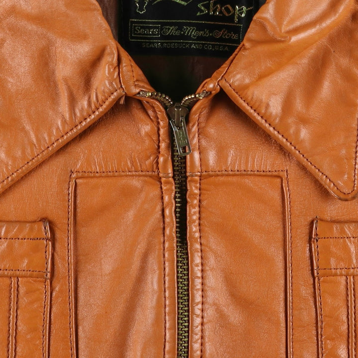 1970'S Sears THE LEARHER SHOP Leather Jacket, Men's Size L (approx.), Vintage genuine leather brown type Vintage Second Hand
