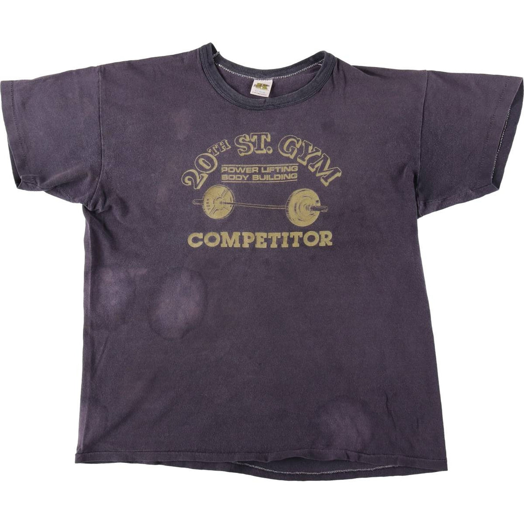 80'S Russell 20th St. Gym Advertising T-Shirt, Made in USA, Men's XL equivalent, Vintage cotton navy blue type Vintage Second Hand