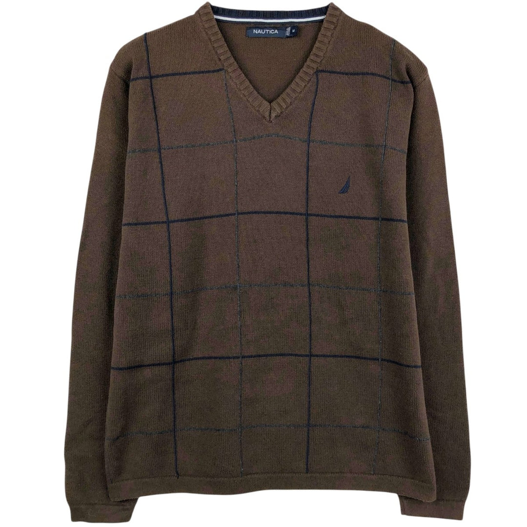 Nautica Check Pattern V-Neck Cotton Knit Sweater, Men's Size M (approx.) cotton brown type Vintage Second Hand