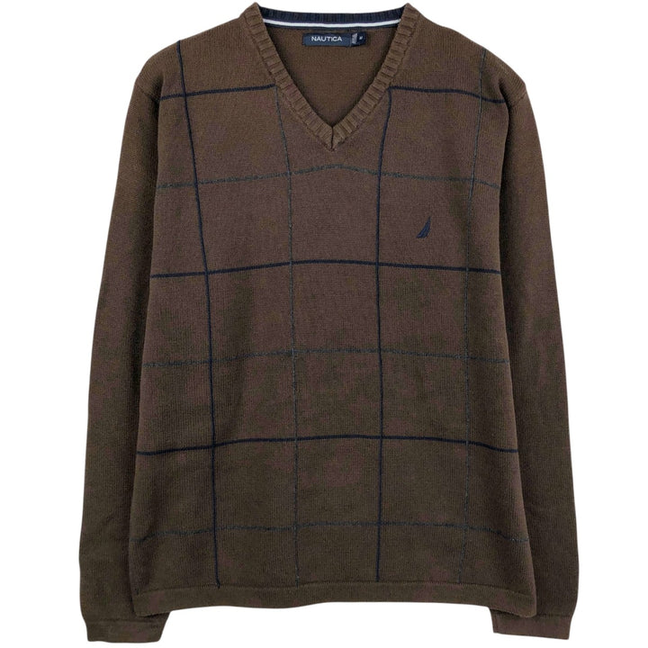 Nautica Check Pattern V-Neck Cotton Knit Sweater, Men's Size M (approx.) cotton brown type Vintage Second Hand