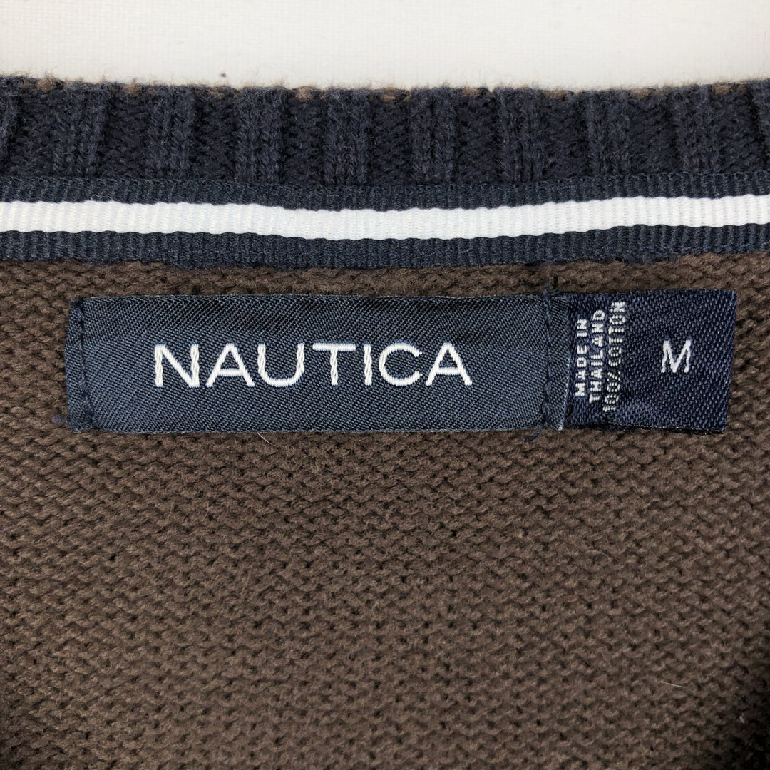 Nautica Check Pattern V-Neck Cotton Knit Sweater, Men's Size M (approx.) cotton brown type Vintage Second Hand