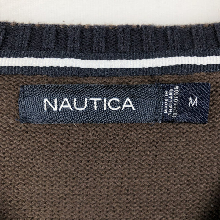 Nautica Check Pattern V-Neck Cotton Knit Sweater, Men's Size M (approx.) cotton brown type Vintage Second Hand