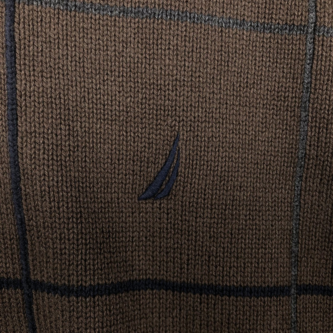 Nautica Check Pattern V-Neck Cotton Knit Sweater, Men's Size M (approx.) cotton brown type Vintage Second Hand