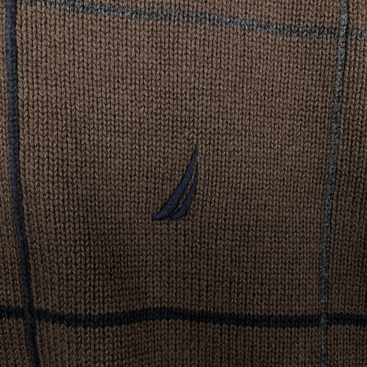 Nautica Check Pattern V-Neck Cotton Knit Sweater, Men's Size M (approx.) cotton brown type Vintage Second Hand