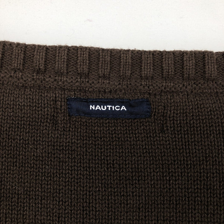 Nautica Check Pattern V-Neck Cotton Knit Sweater, Men's Size M (approx.) cotton brown type Vintage Second Hand