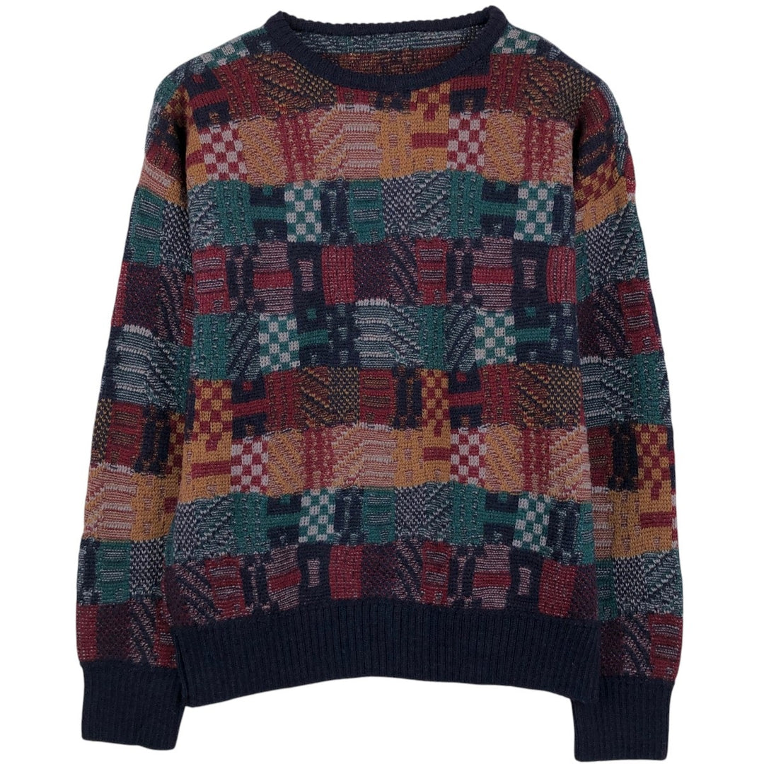 All-over print patchwork knit sweater, men's size L (approx.) unclear navy blue type Vintage Second Hand