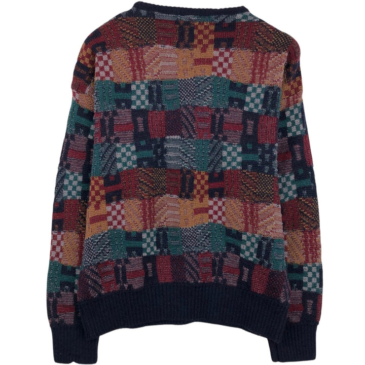 All-over print patchwork knit sweater, men's size L (approx.) unclear navy blue type Vintage Second Hand