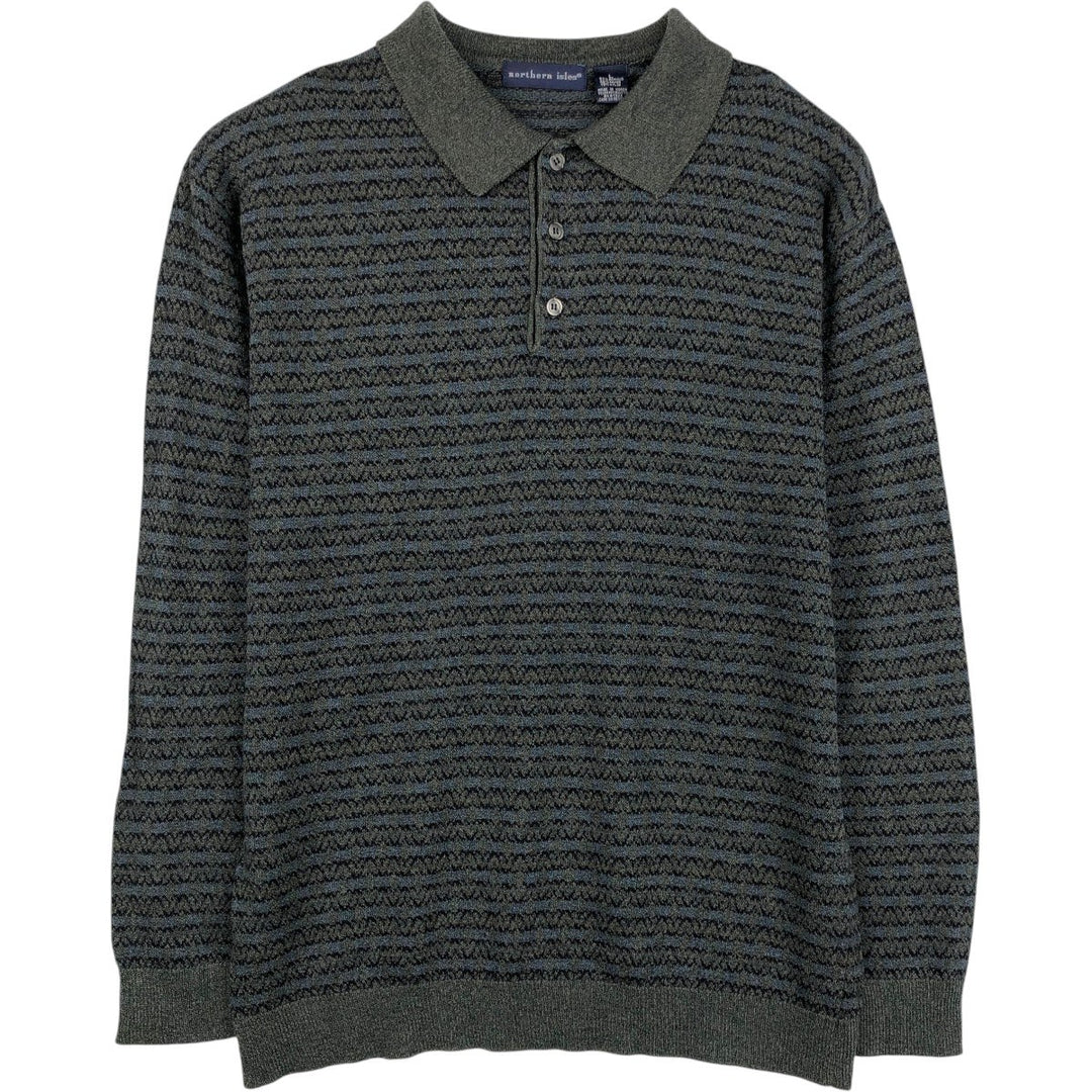 90'S Northern Isles all-over print polo knit sweater, men's size L equivalent, vintage. acrylic navy blue type Vintage Second Hand