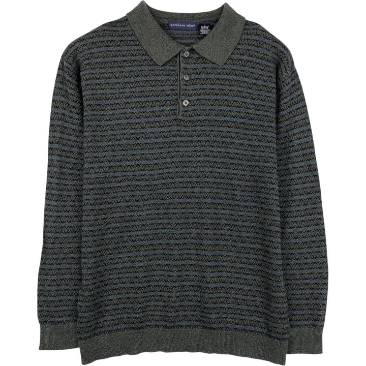 90'S Northern Isles all-over print polo knit sweater, men's size L equivalent, vintage. acrylic navy blue type Vintage Second Hand
