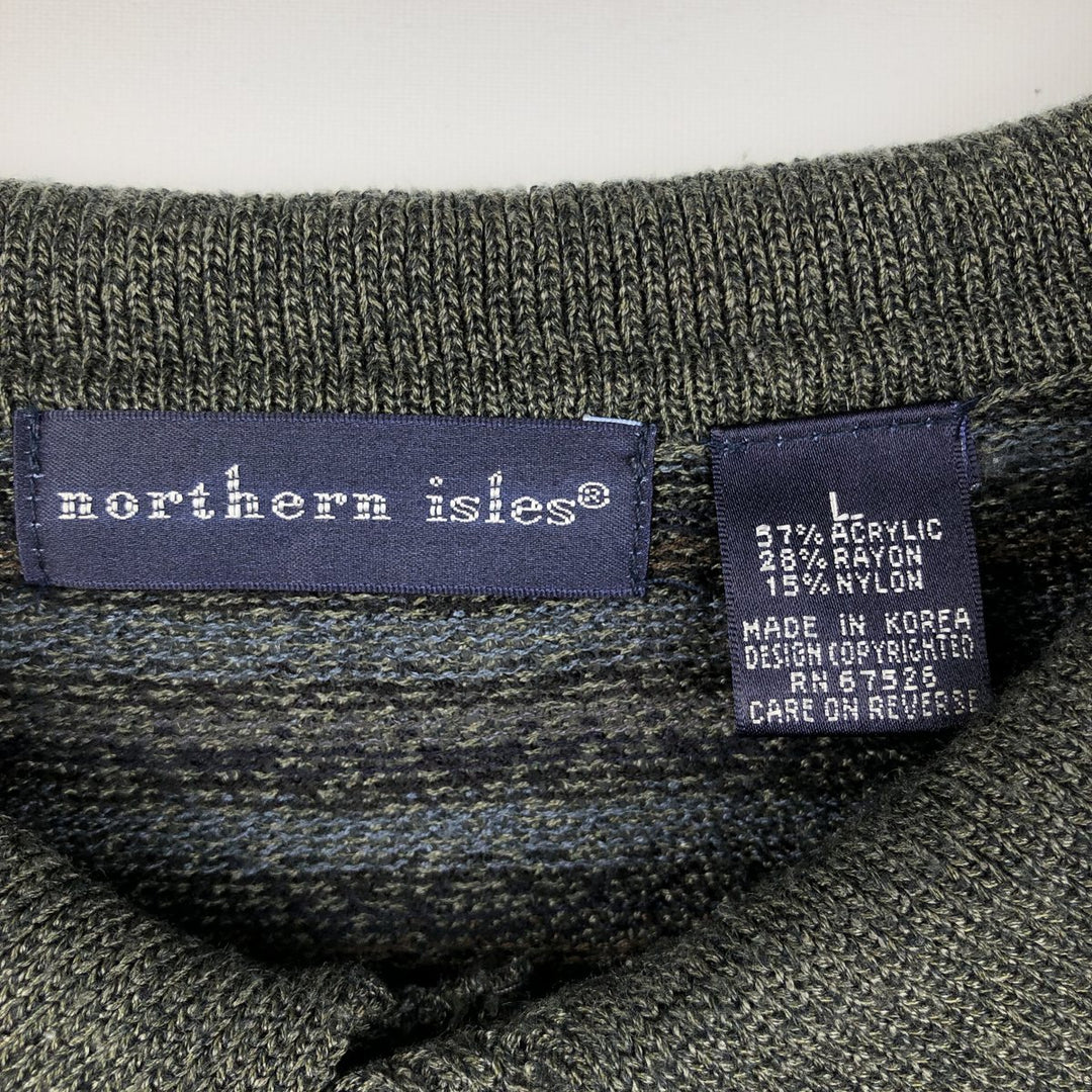 90'S Northern Isles all-over print polo knit sweater, men's size L equivalent, vintage. acrylic navy blue type Vintage Second Hand