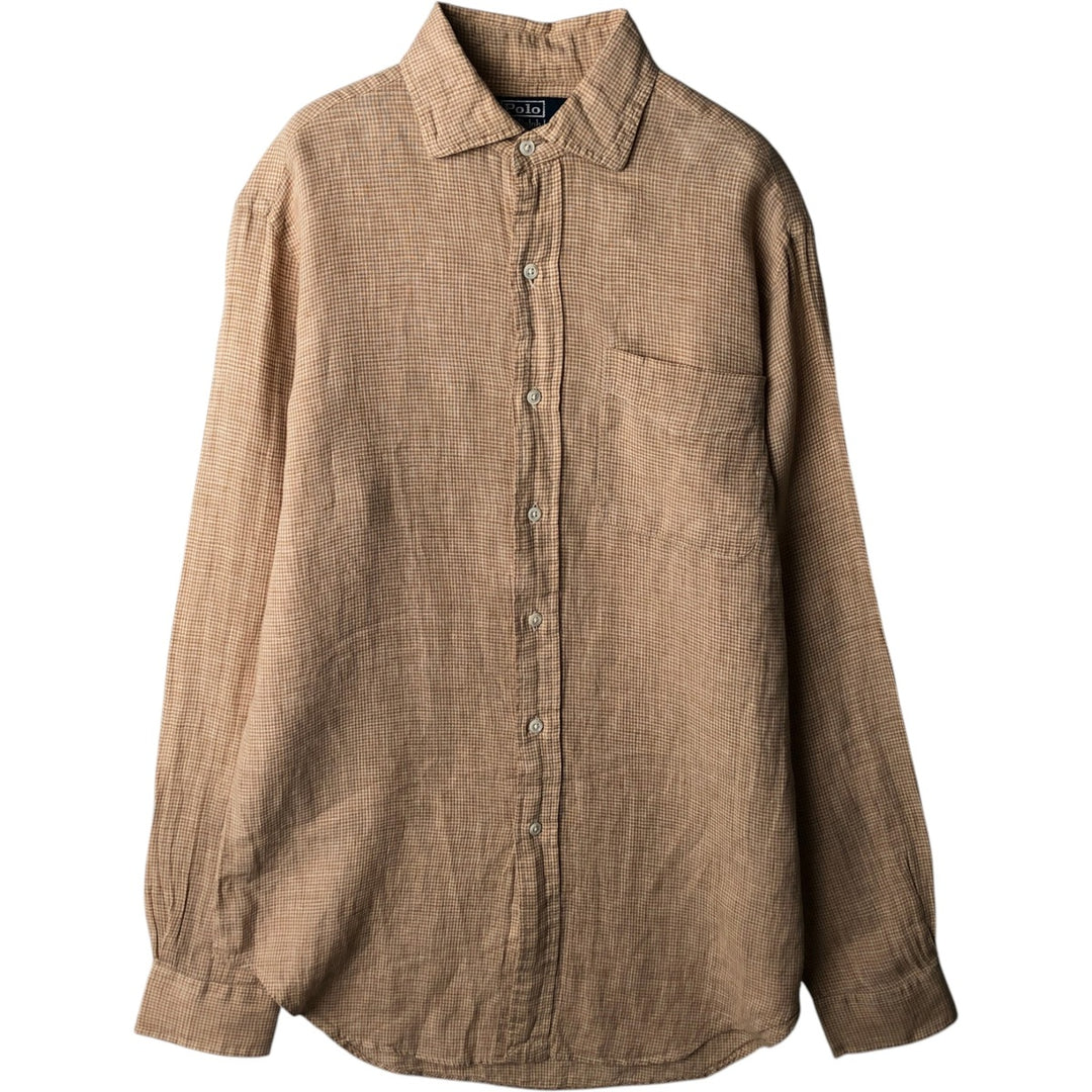 Ralph Lauren POLO by Ralph Lauren Check Pattern Long-Sleeve Linen Shirt (Men's Size S) linen Beige type Vintage Second Hand