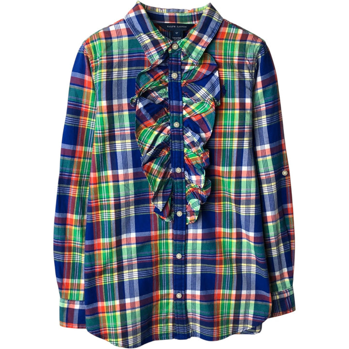 Ralph Lauren Frill Long-Sleeve Cotton Check Shirt, Women's Size XS cotton blue type Vintage Second Hand