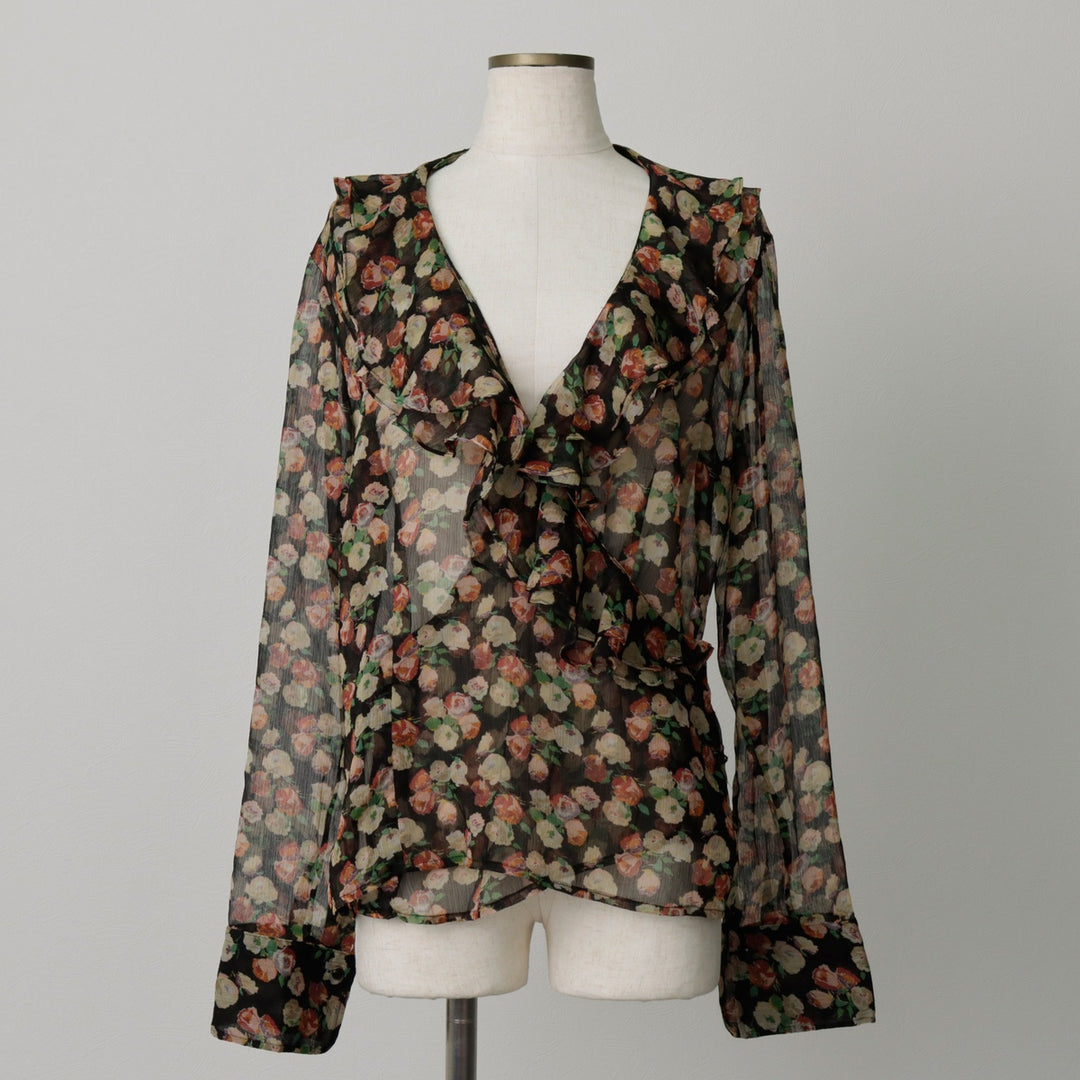 Ralph Lauren LAUREN Floral Ruffle Long-Sleeve Sheer Blouse, Women's Size M (approx.) polyester black type Vintage Second Hand