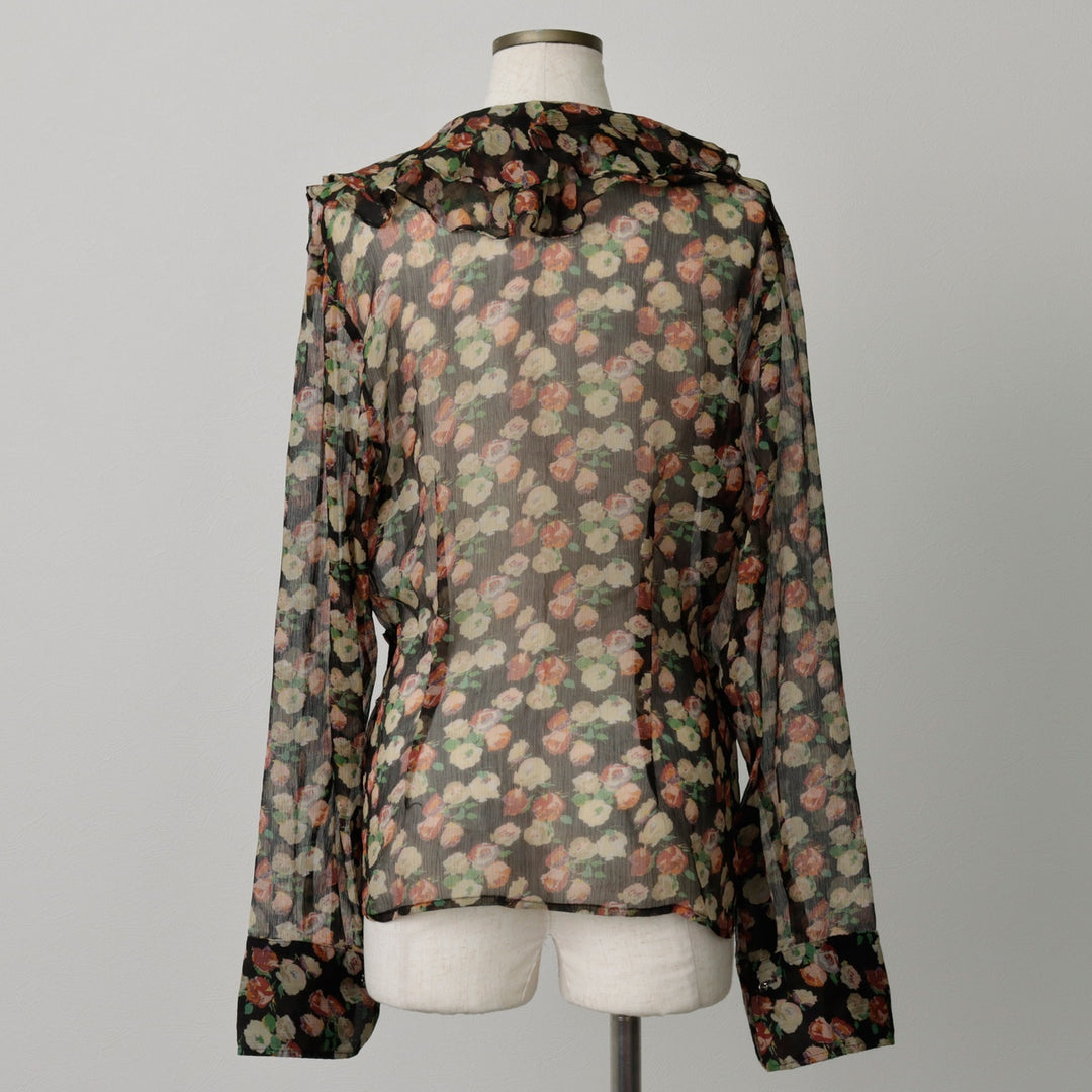 Ralph Lauren LAUREN Floral Ruffle Long-Sleeve Sheer Blouse, Women's Size M (approx.) polyester black type Vintage Second Hand