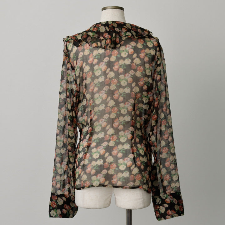 Ralph Lauren LAUREN Floral Ruffle Long-Sleeve Sheer Blouse, Women's Size M (approx.) polyester black type Vintage Second Hand